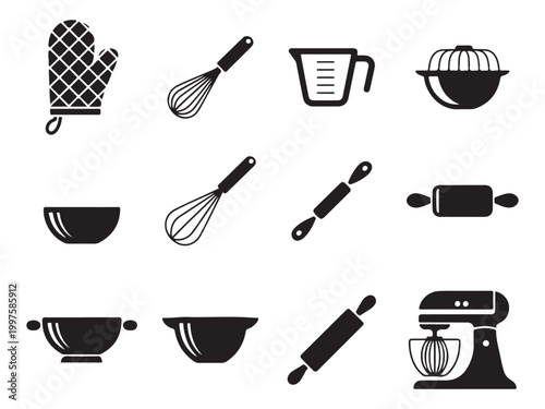 Baking Tools and Kitchenware Silhouette Icon Set - Pastry Cooking Vector Symbols