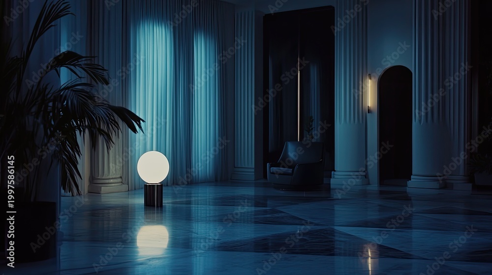 Fototapeta premium Modern and elegant interior featuring tall architectural columns, a reflective marble floor, and a warm glowing orb lamp creating a sophisticated and atmospheric ambiance