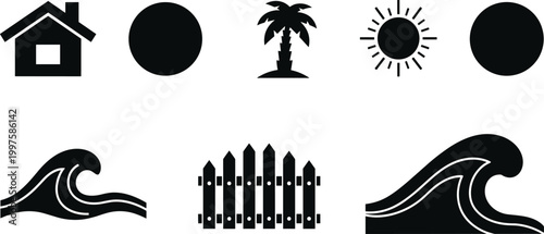 set of beach related icons including house palm tree sun waves and fence high quality professional detailed modern elegant stylish clean