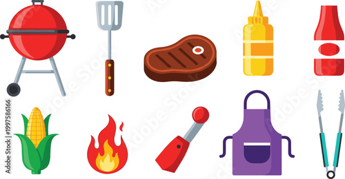 Barbecue and Grilling Essentials Including Grill, Spatula, Steak, Corn, Sauce, Tongs, and Apron for Outdoor Cooking and BBQ Parties