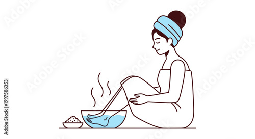 A woman in a towel and hair turban sitting with a foot bath