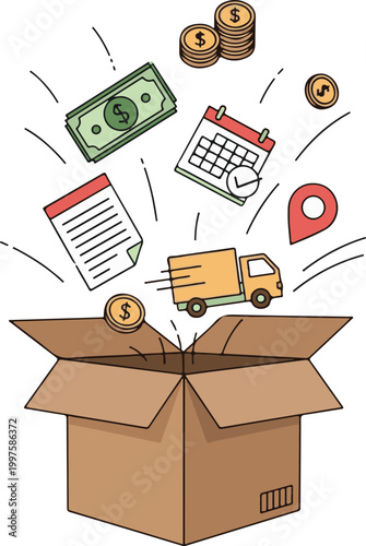 Parcel box opening with icons floating out (orders, money, delivery)