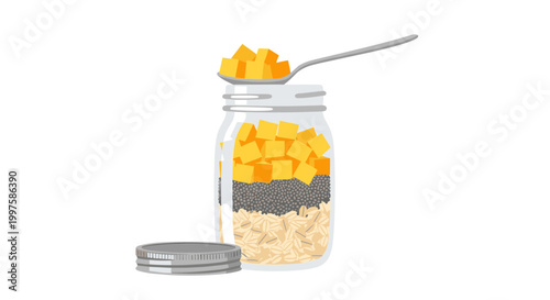 A vector graphic illustration of a mason jar filled with layers of food