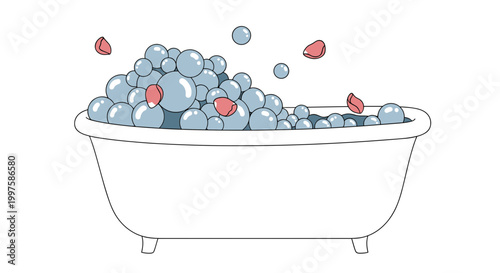 A vector graphic illustration of a bathtub filled with blue bubbles and rose petals