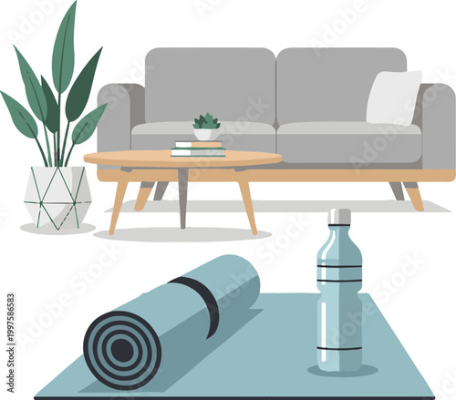 Minimal living room with yoga mat and water bottle