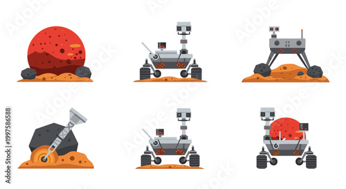 A set of six vector illustrations depicting a Mars rover in various positions on the Martian surface