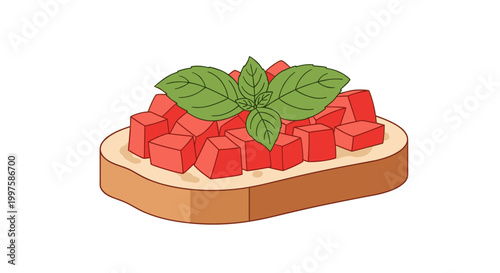 A vector illustration of a slice of toast topped with fresh tomatoes and basil leaves on a white background