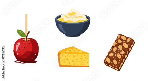 A colorful vector graphic of healthy snack foods on a black background