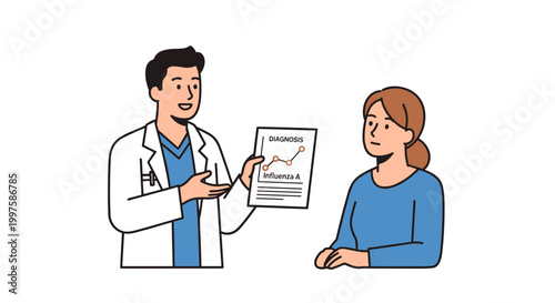 A minimalist vector graphic illustration of a man and woman discussing a tablet