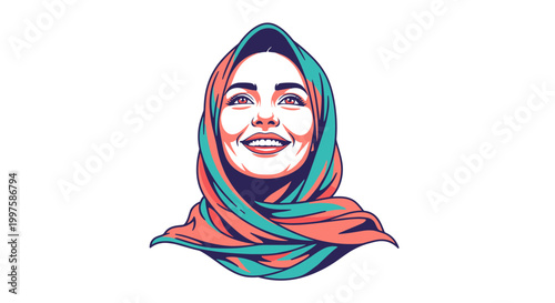 A vibrant vector illustration of a woman wearing a colorful hijab