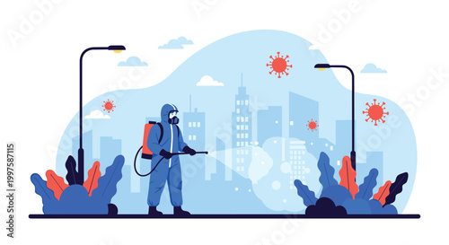 Person in a hazmat suit spraying disinfectant in a city environment to fight against viruses like coronavirus during a pandemic.