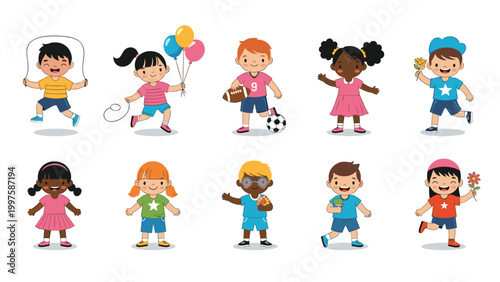Group of ten diverse children engaged in various fun activities including jumping rope, playing soccer, and holding balloons.