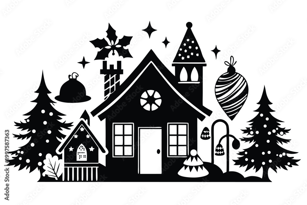 Fototapeta premium christmas winter and house silhouette line art vector illustration with a white background