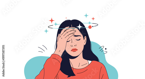 Young woman suffering from a severe headache with dizzy stars spinning around her head representing migraine and exhaustion.