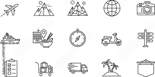 Professional line icons set featuring travel transportation adventure and logistics elements for website interface design and commercial branding projects vector illustration