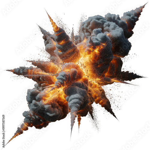 Fiery explosion with dark smoke plumes explosion detonation incendiary isolated on transparent background