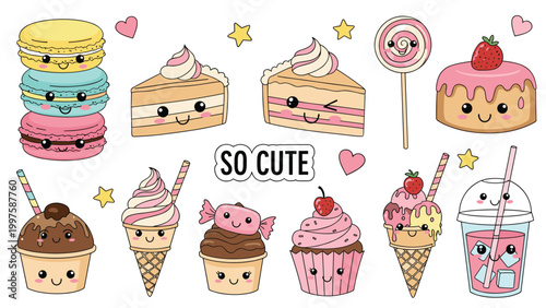 Collection of cute dessert stickers including macarons cake slices ice cream cones and a pink drink with faces.