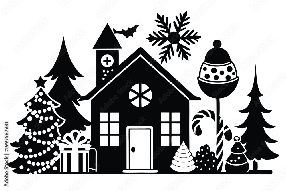 Fototapeta premium christmas winter and house silhouette line art vector illustration with a white background