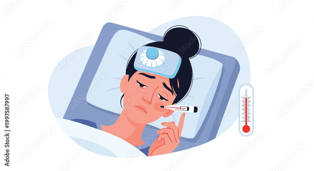 Obraz premium Sick young woman lying in bed with an ice pack on her forehead and a thermometer indicating high fever during an illness.