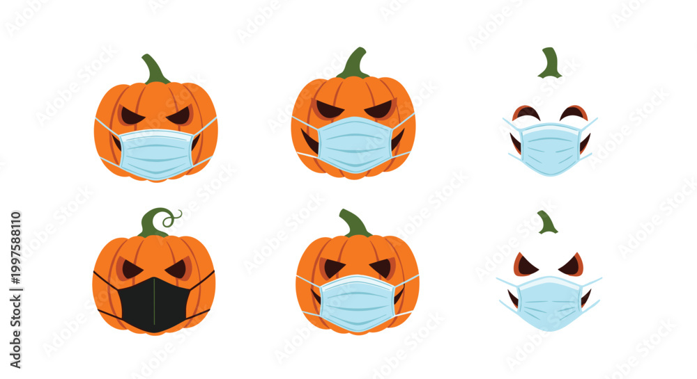 Fototapeta premium Set of diverse Halloween pumpkins and pumpkin faces wearing surgical face masks for safety during the global pandemic.