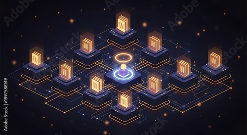 Futuristic Artificial Intelligence Network with Connected Digital Nodes, Blockchain Data Exchange, and Secure Cloud Computing Technology Concept