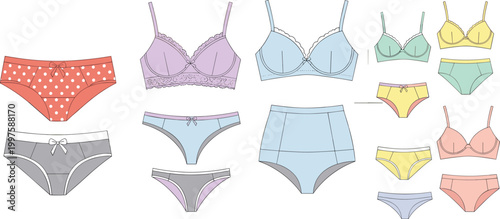 Collection of women's lingerie vector technical sketches including various bra styles, panties, briefs, and thongs in multiple colors for fashion 