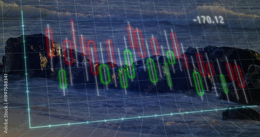 Fototapeta premium Displaying candlestick chart over jagged coastal rocks at dusk, light-blue trend line reflecting