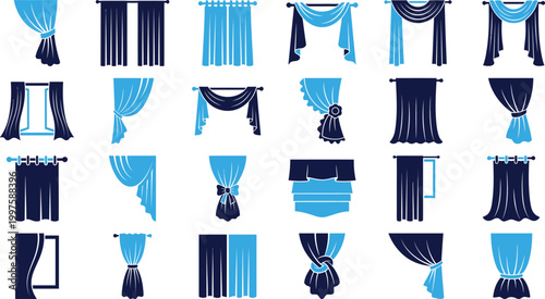 Various styles of blue curtains and drapes for interior design and home decoration options collection.