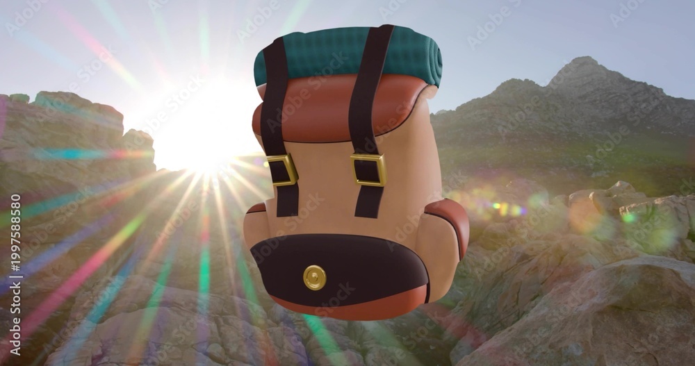 Obraz premium Floating cartoon hiking pack above rocky valley at sunset showing straps brass buckles and pocket