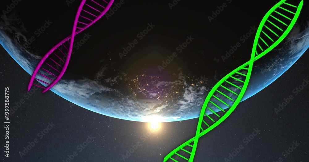Fototapeta premium Showing Earth curving in orbital view, sunrise at horizon with green and magenta DNA helices