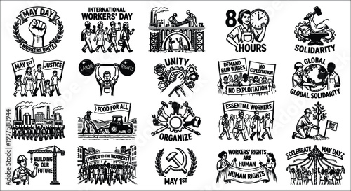 workers day illustrations in black and white style