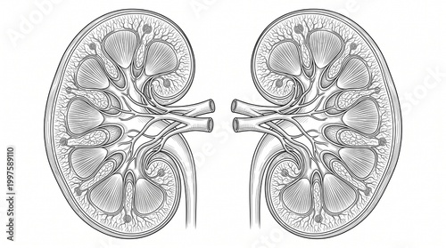 Detailed illustration of human kidneys showing internal structures and ureters