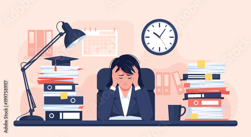 Overwhelmed and stressed businesswoman sits at her desk clutching her head while surrounded by massive piles of paperwork.
