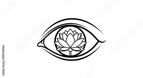 Black and white illustration of eye with lotus flower.