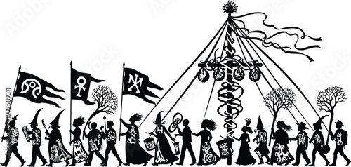 whisk silhouette with flags and people around maypole