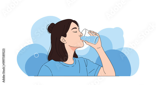 Healthy young woman drinks a refreshing glass of clean water to stay hydrated against a soft blue abstract background.