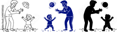 Father and son playing with ball, three styles outline, blue filled, and silhouette illustrations on transparent background.