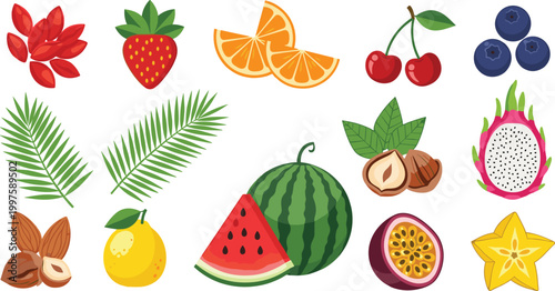 Collection of colorful tropical fruit vector icons including dragon fruit, watermelon, starfruit, passion fruit, berries, citrus, nuts, and palm leaves for healthy food design projects.
