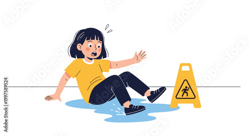 Young girl in a yellow shirt accidentally slipping on a water puddle on the floor next to a yellow caution sign for safety warning.