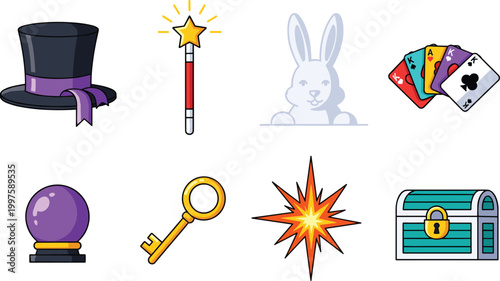 Fotografija Magician’s Tools and Magic Tricks Including Top Hat, Wand, Cards, Rabbit, Crysta