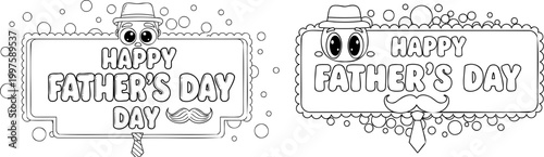 Happy father's day greeting cards with cute cartoon dad character wearing hat and tie, surrounded by bubbles and decorative elements.