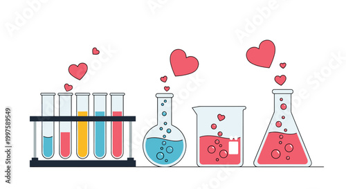 Scientific laboratory test tubes and flasks containing colorful liquids with heart symbols rising up to represent the chemistry of love.
