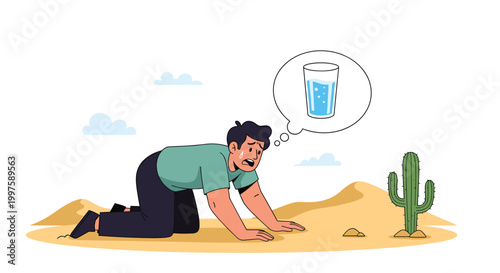 Desperate man crawling through a dry desert landscape dreaming of a cold glass of water while suffering from extreme thirst and heat.
