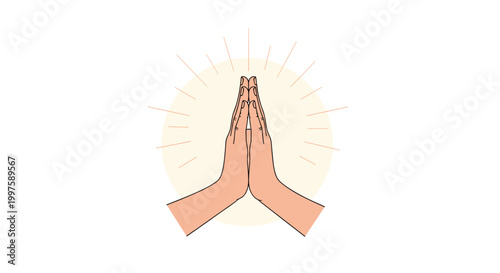 Pair of human hands joined together in a prayer gesture against a soft glowing circle representing faith spirituality and hope.