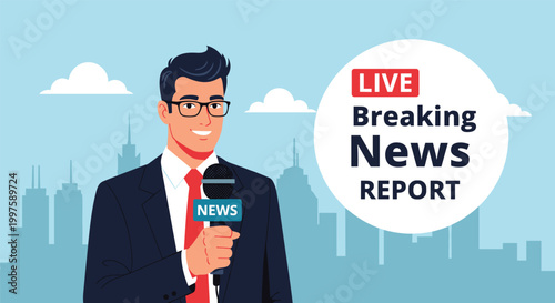 Confident male news anchor holding a microphone in front of a blue city skyline during a live television broadcast report.