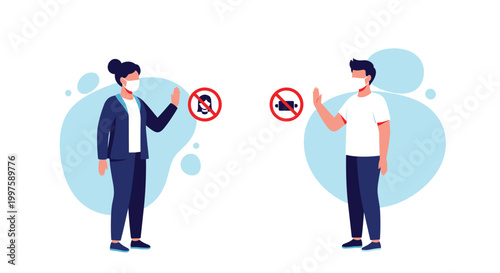 Man and woman wearing protective face masks and keeping distance with prohibited icons showing no physical contact to prevent disease.
