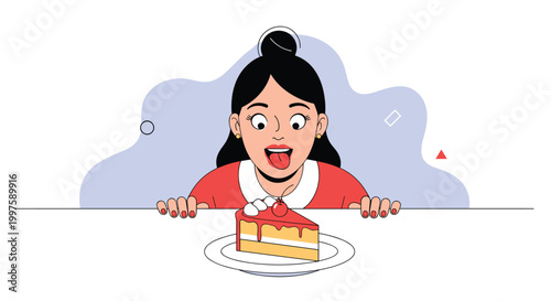 Excited young woman staring at a delicious slice of cherry cake with her tongue out in anticipation and hunger for a sweet dessert.