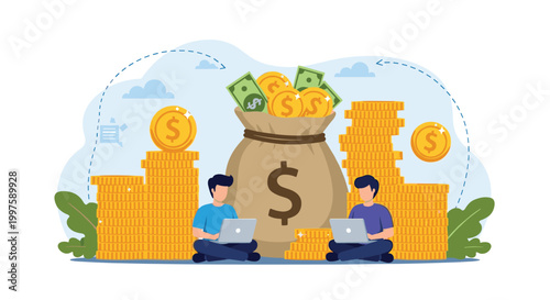 Two professional men working on laptops while sitting next to a massive bag of money and tall stacks of gold coins for financial growth.