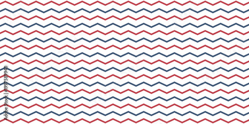 American patriotic seamless line pattern. Chevron zigzag lijn pattern. Memphis style. Flat vector zig zag sign. Chevrons wave line. Wavy stripes background. Retro pop art 80's 70's years.