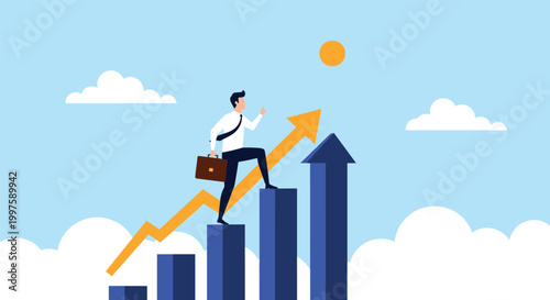 Ambitious businessman carrying a briefcase and climbing up a rising bar graph with a golden arrow pointing towards a bright sun of success.